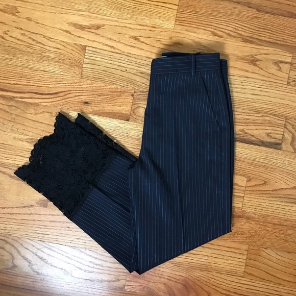 Pinko Pants - PINKO Blue/Black Pinstripe Pants with Black Lace Detail